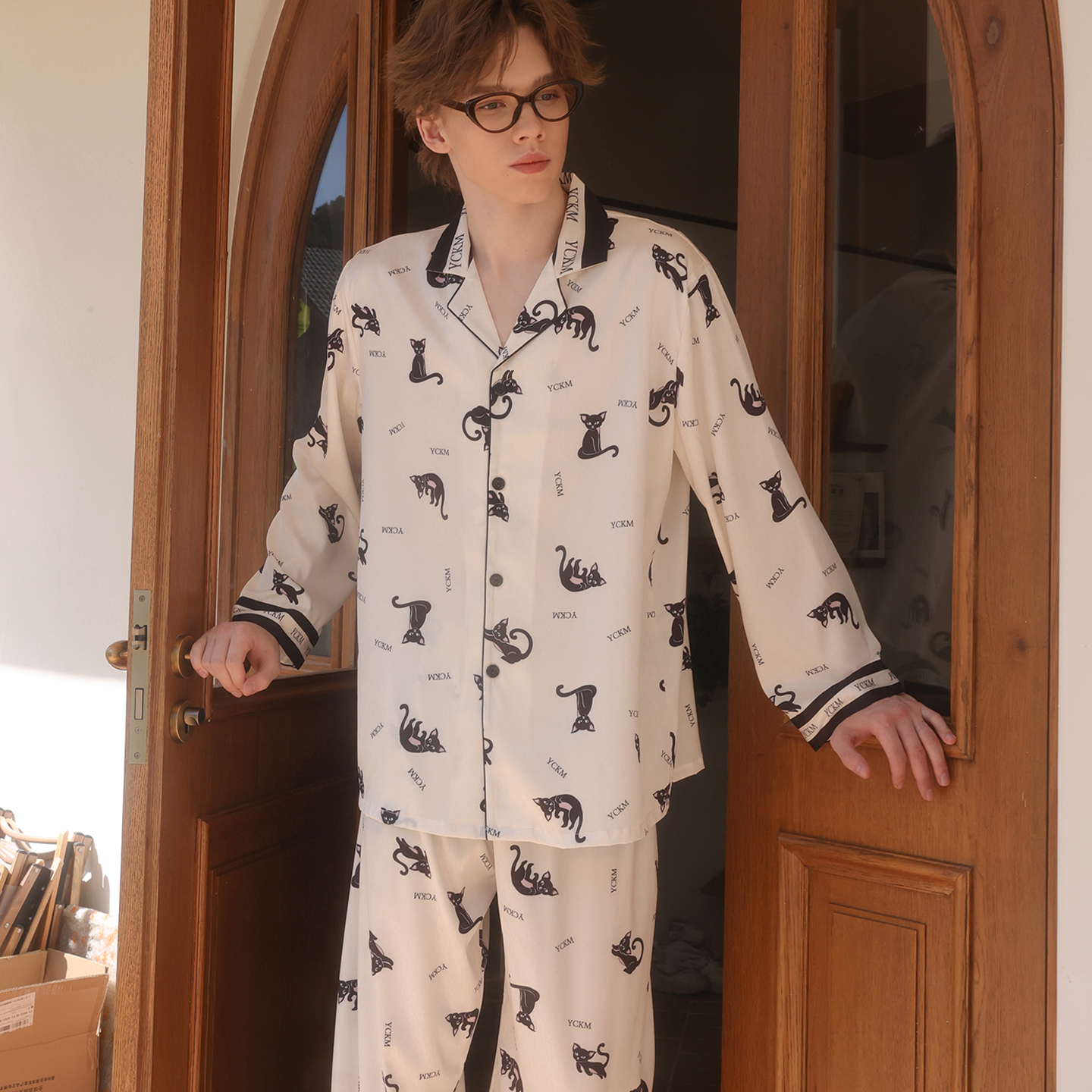 今夕何夕卡通猫咪印花睡衣男长袖长裤情侣高级感家居服套装可外穿