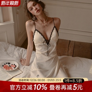 今夕何夕性感睡衣女蕾丝系带高级感家居服纯欲小胸吊带睡裙带胸垫