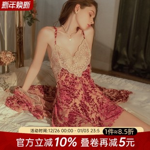 今夕何夕性感睡衣女秋冬透视丝绒烧花吊带睡裙纯欲小胸家居服套装