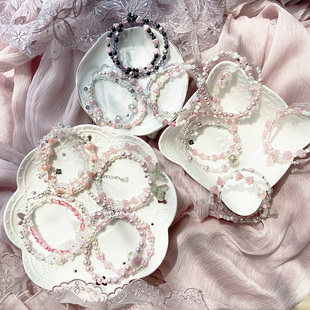 孤品 甜美公主风粉色925银捷克手工琉璃施家珍珠双层叠戴纯银手链