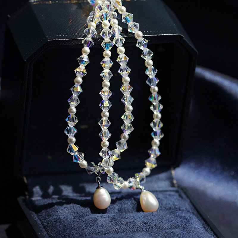 爆闪奥地利施家华子幻彩水晶 极光天然淡水珍珠 通体925银短项链