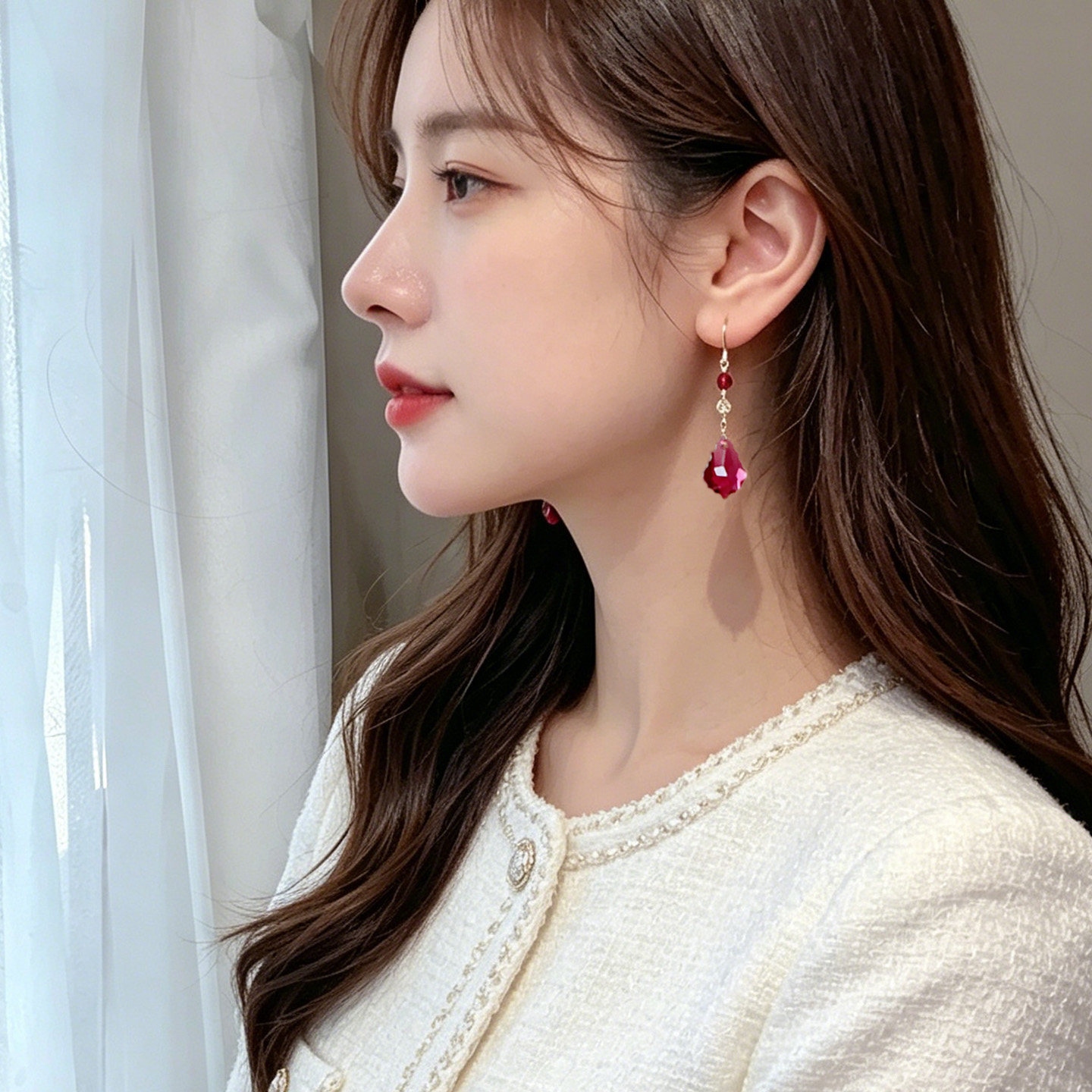 妩媚显白 施家独有鸽血红宝石巴洛克人造水晶进口14K注金耳环耳夹