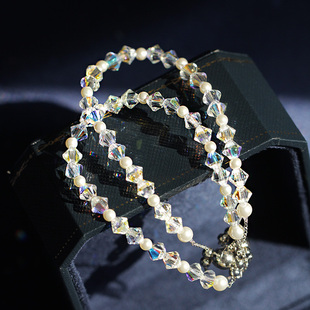 夏日爆闪 奥地利施家幻彩水晶强光人造珍珠925银链磁扣可调手链