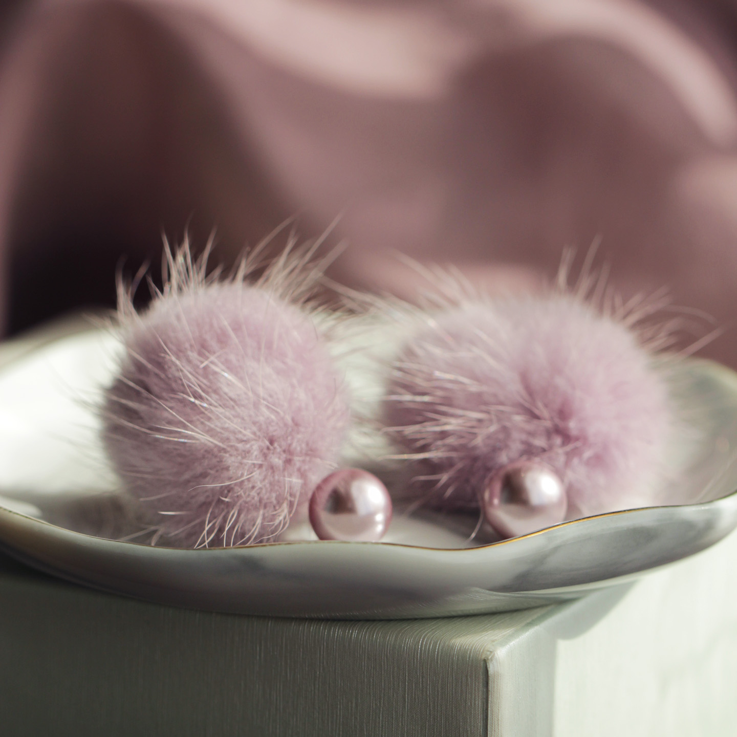 真水貂毛施家紫珍珠纯银耳环耳夹