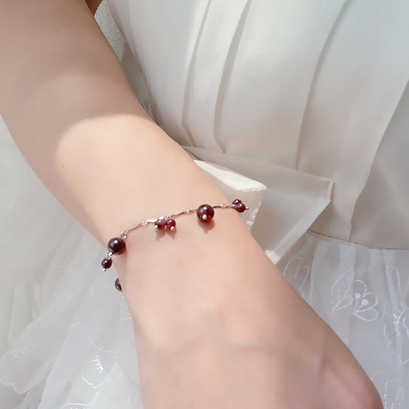 天然石榴石 通体925银新中式夏日汉服复古清新质感镀白金纯银手链