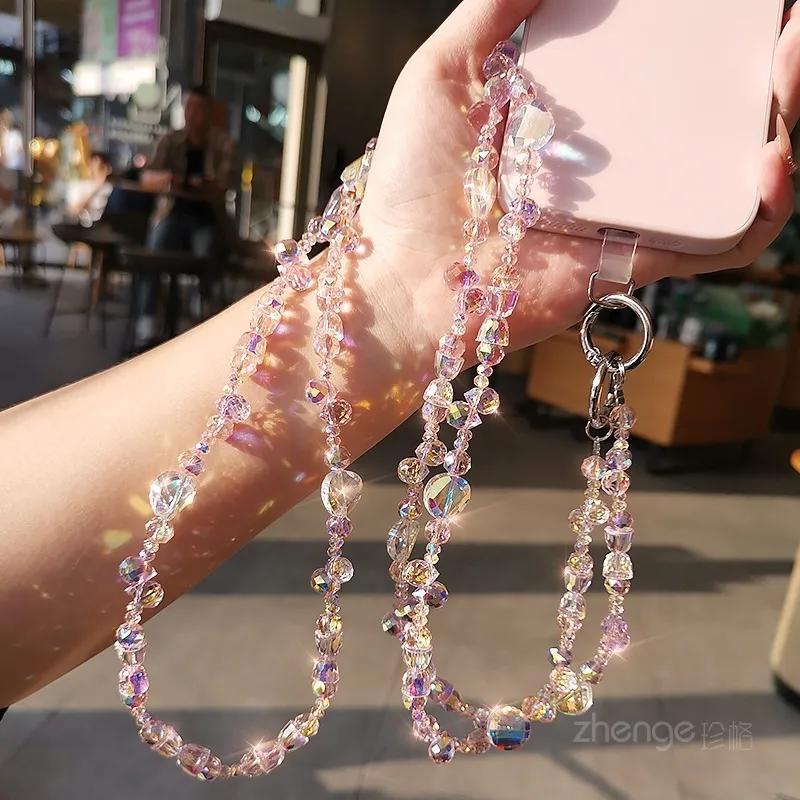 斜挎水晶珠子手机挂链女小清新户外夏日旅游手机壳可背带链子出行