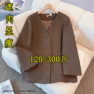 300斤240特大码V领气质小香风毛呢外套女春秋胖mm200显瘦呢子大衣