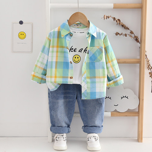 A类全棉男童长袖衬衫春秋薄1-10岁儿童长袖格子衬衣宝宝外套上衣