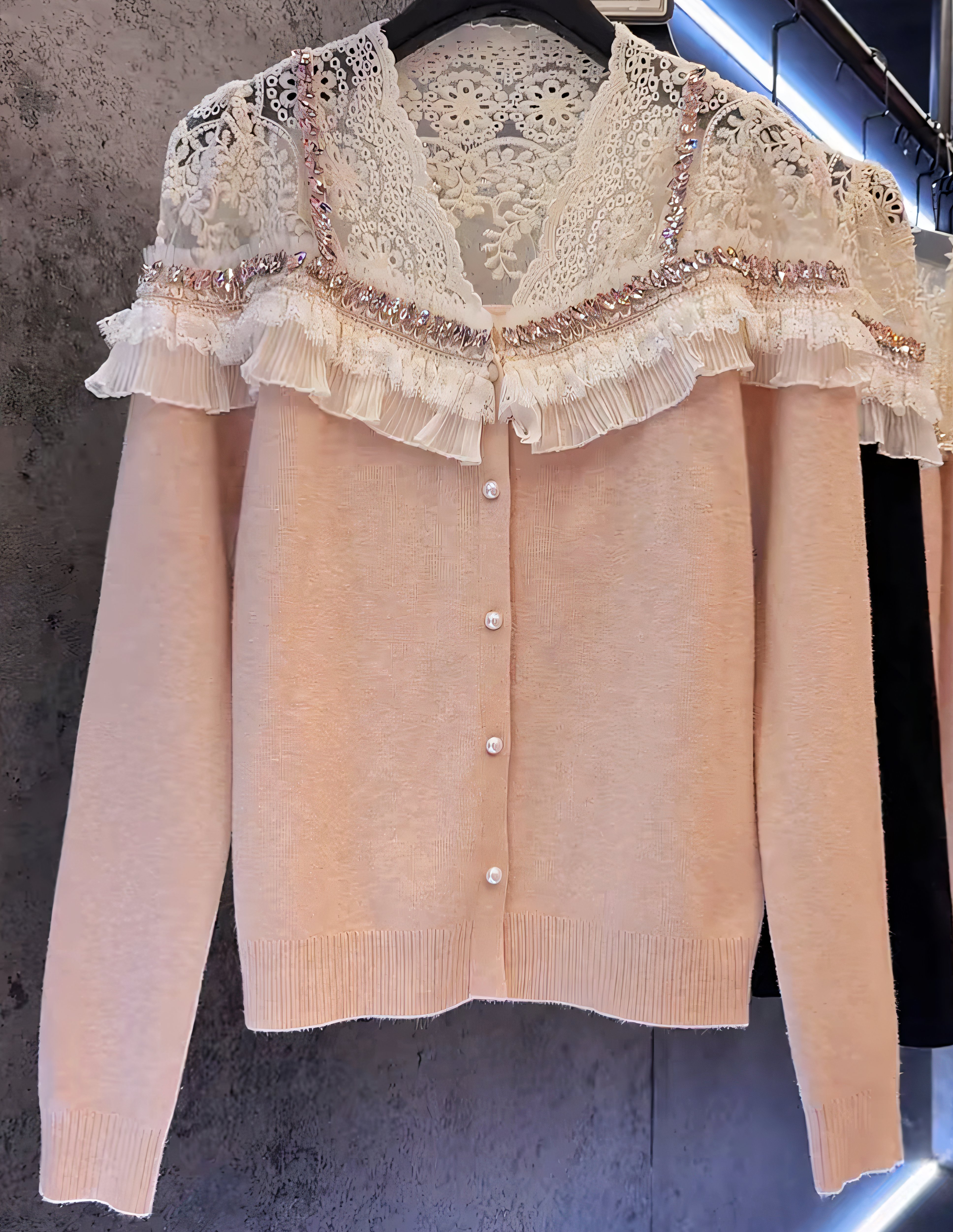 欧货大码温柔气质甜美重工钉珠拼接蕾丝针织开衫设计感显瘦百搭