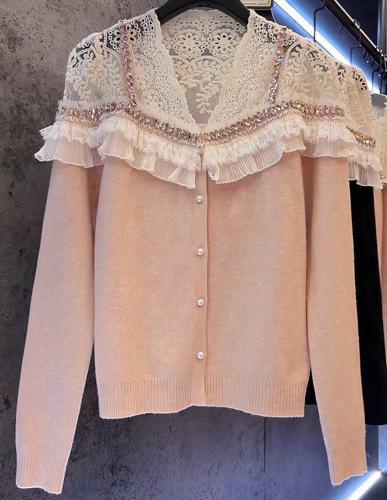 欧货大码温柔气质甜美重工钉珠拼接蕾丝针织开衫设计感显瘦百搭