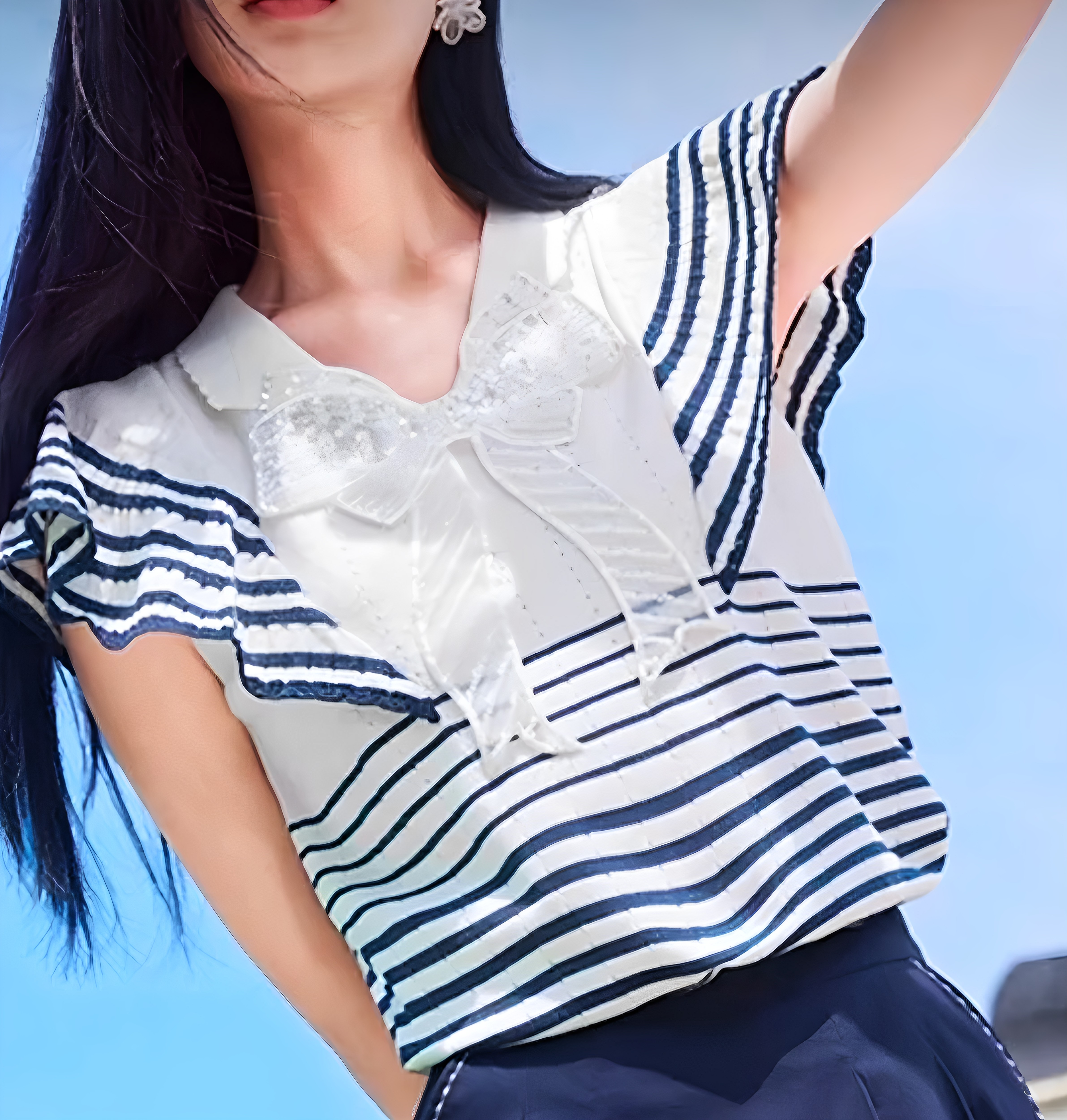 大码胖MM法式甜美蝴蝶结条纹短袖针织衫女款显瘦上衣200斤内可穿