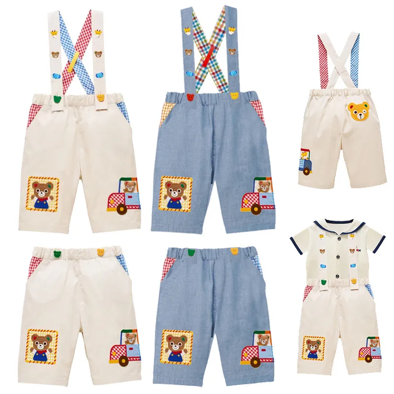 日系男童可爱动物字母卡通小熊汽车刺绣两穿背带裤短裤