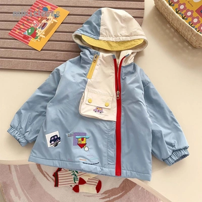 2025年秋冬款新款日系男女童加绒冲锋小汽车双拉链防风衣外套