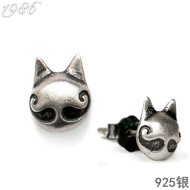 s925纯银耳钉女妖娆猫咪胡子耳骨钉做旧泰银小猫个性耳环学生潮