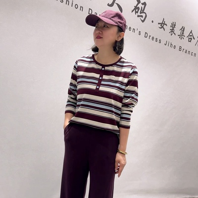 3687芮娜依莲秋款新品人棉面料舒适百搭长袖上衣条纹衫加大码女装