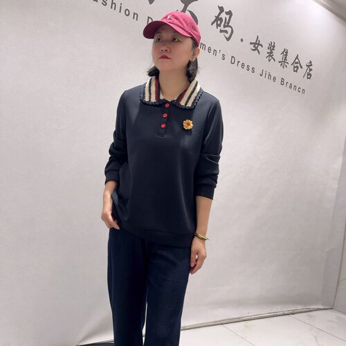 7229芮娜依莲秋款新品针织领舒适减龄百搭长袖卫衣加大码女装