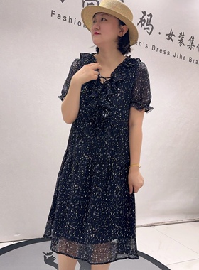 3710女权贵族夏款新品袖口拼接蕾丝洋气时尚减龄连衣裙加大码女装