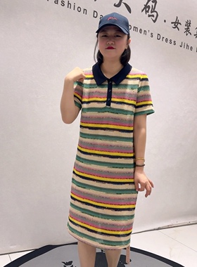 5179芮娜依莲夏款新品时尚洋气亮钻减龄条纹polo连衣裙加大码女装