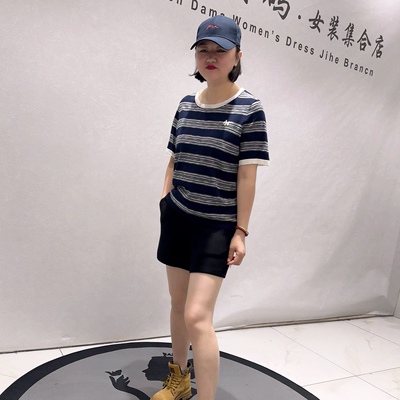 1772芮娜依莲初夏新品圆领简约休闲百搭条纹短袖上衣加大码女装