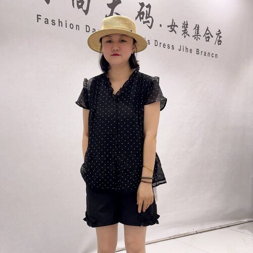 31213女权贵族夏款新品波点图案娃娃服木耳边遮肉减龄衫大码女装