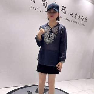 新品 女装 重工刺绣苎麻轻薄长袖 加大码 上衣气质衫 5415芮娜依莲春款