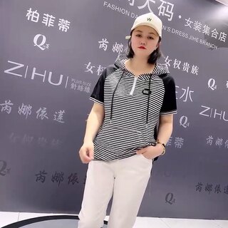 播本2024夏款5020拼接条纹短袖宽松遮肉显瘦加肥加大码体恤衫上衣