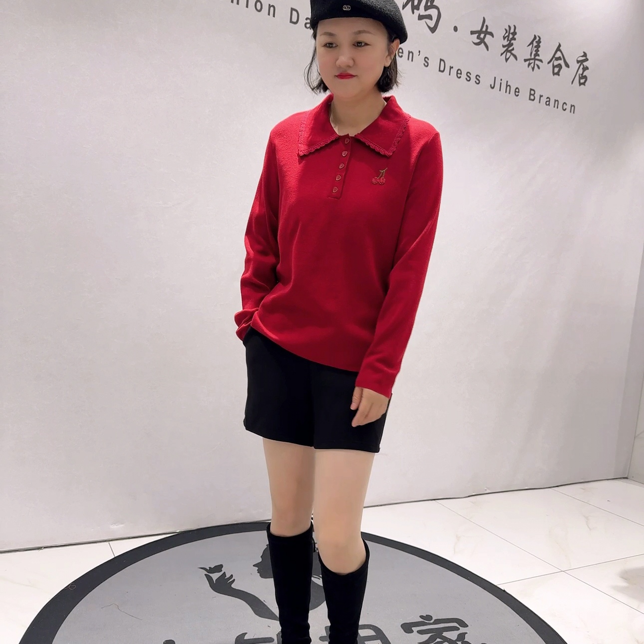 8271女权贵族冬款新品polo领减龄百搭针织面料气质衫加大码女装