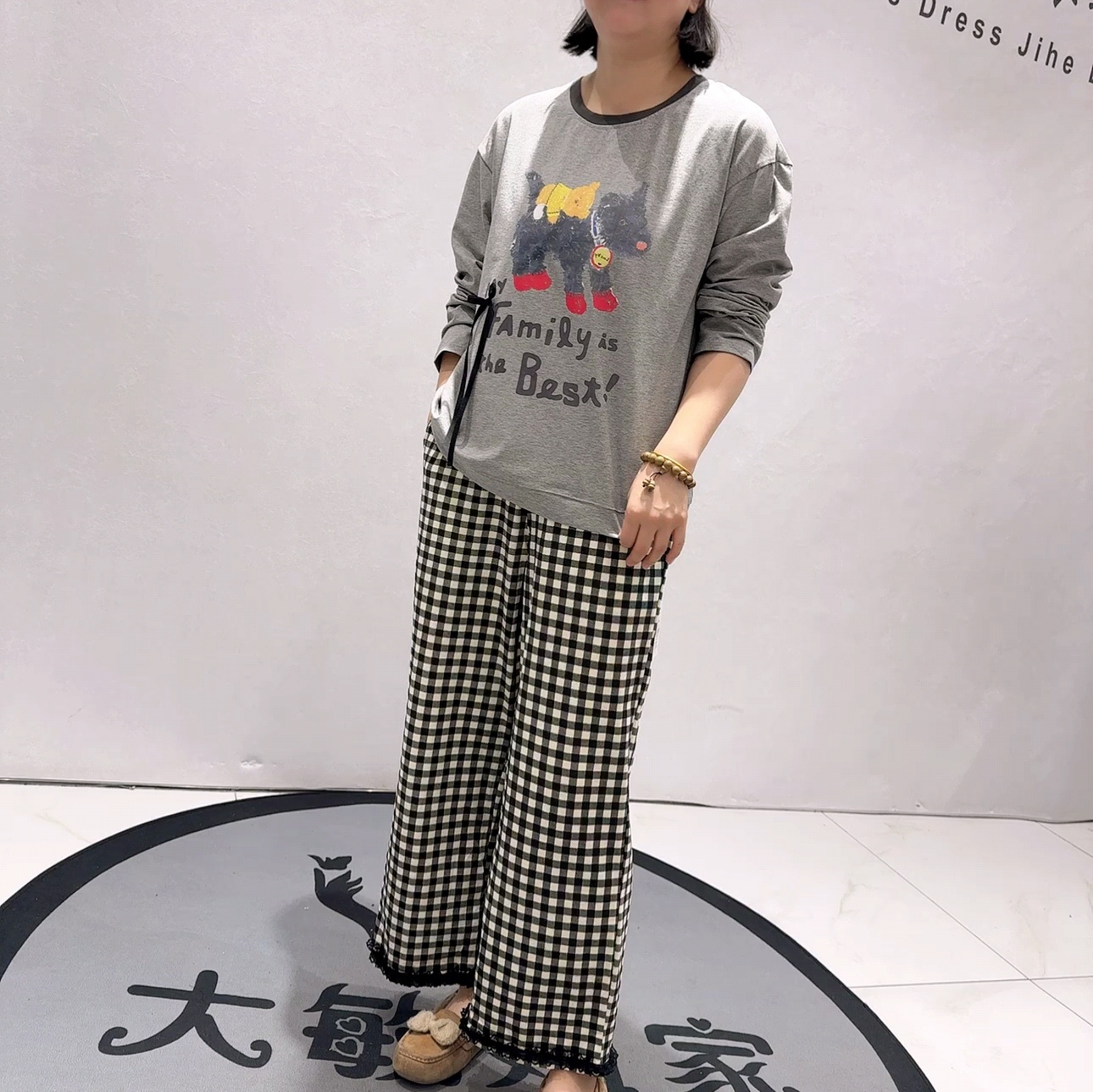 9008播本春款新品新疆棉半落肩上衣搭配蕾丝边格子裤家居服两件套