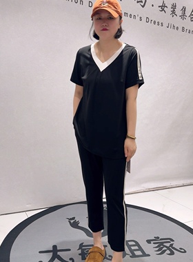 5133芮娜依莲夏款新品一手长v领上衣搭配显瘦休闲裤两件套加大码