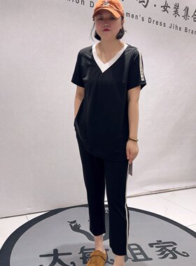 5133芮娜依莲夏款新品一手长v领上衣搭配显瘦休闲裤两件套加大码