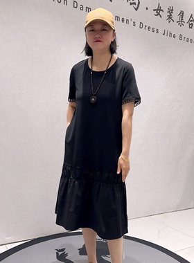 3230女权贵族夏款新品拼接面料简洁大方带兜休闲连衣裙加大码女装