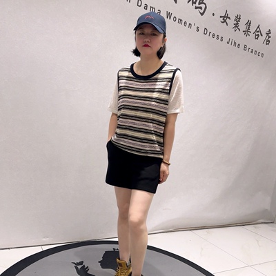 1861芮娜依莲初夏新品休闲减龄百搭撞色条纹短袖上衣加大码女装