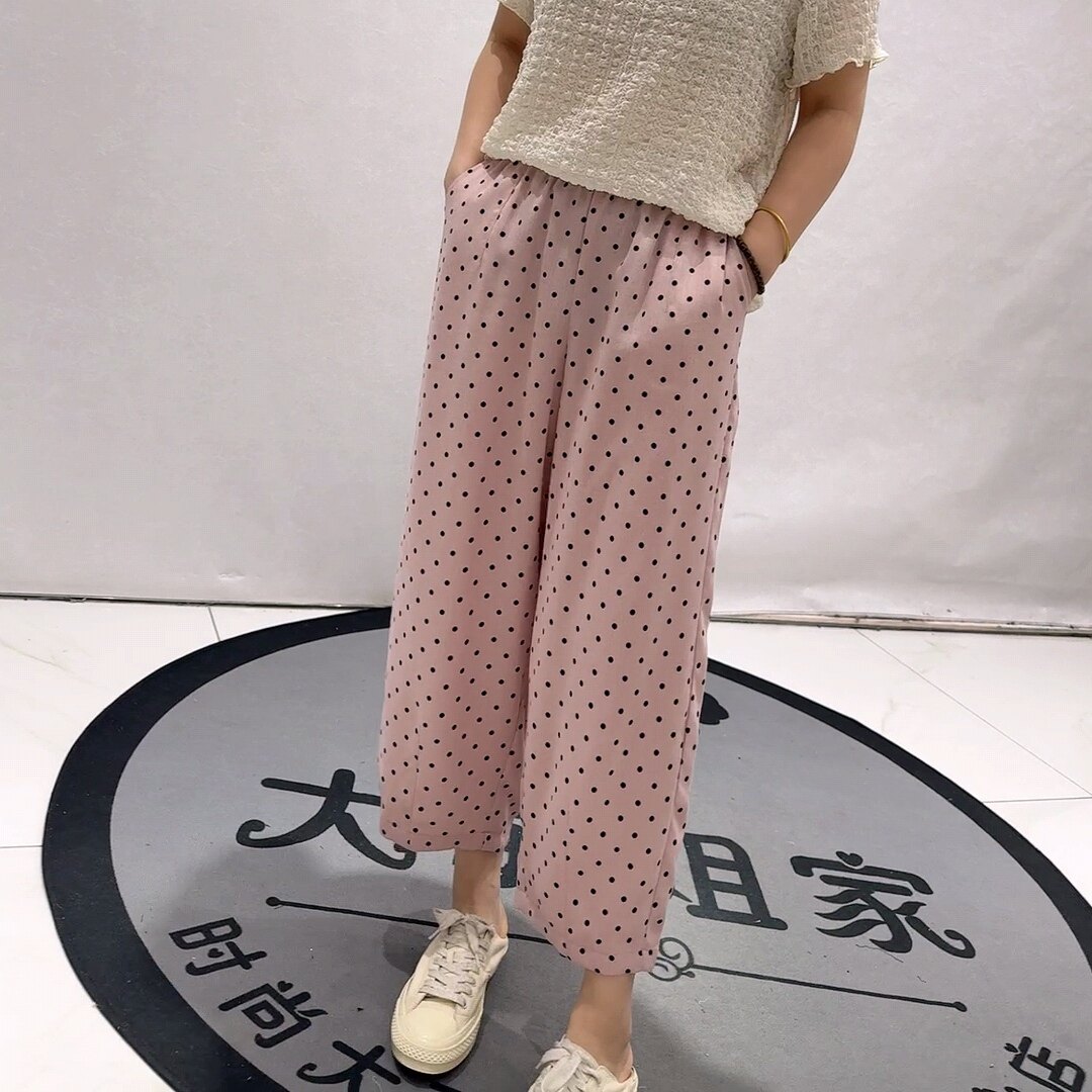 5171芮娜依莲夏款新品松紧腰波点图案百搭显瘦休闲裤加大码女裤