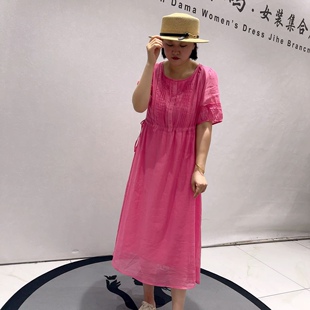 3916女权夏款新品苎麻棉面料打揽设计侧边抽绳连衣裙加大码
