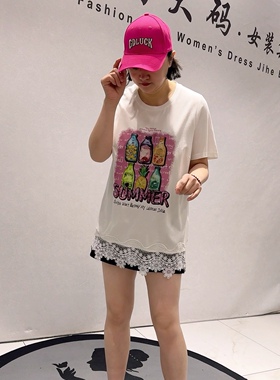 5631芮娜依莲初夏新品潮牌拼接蕾丝一手长减龄短袖上衣加大码女装