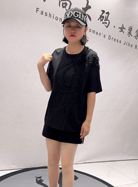 1253芮娜依莲春款新品重工串珠亮片时尚洋气高档减龄衫加大码女装