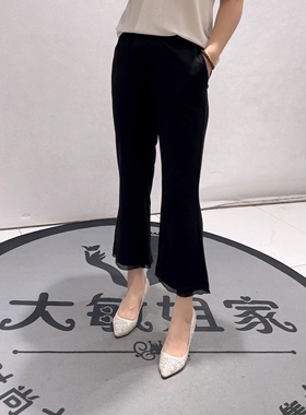 3538女权贵族初夏新品松紧腰简洁大方女人味气质微喇裤加大码女裤