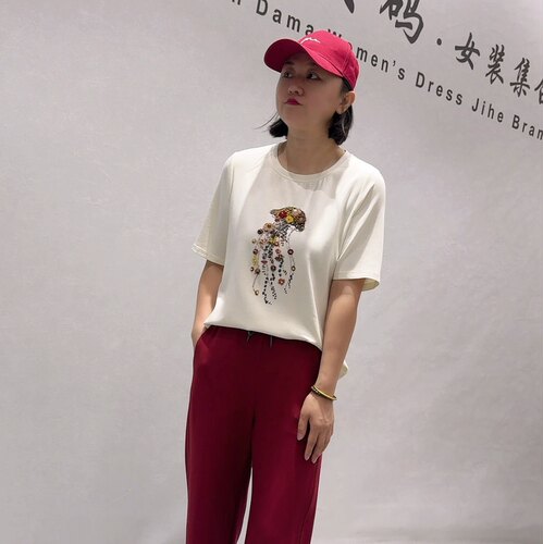 5055芮娜依莲秋款新品天丝棉面料重工图案减龄短袖T恤衫大码女装