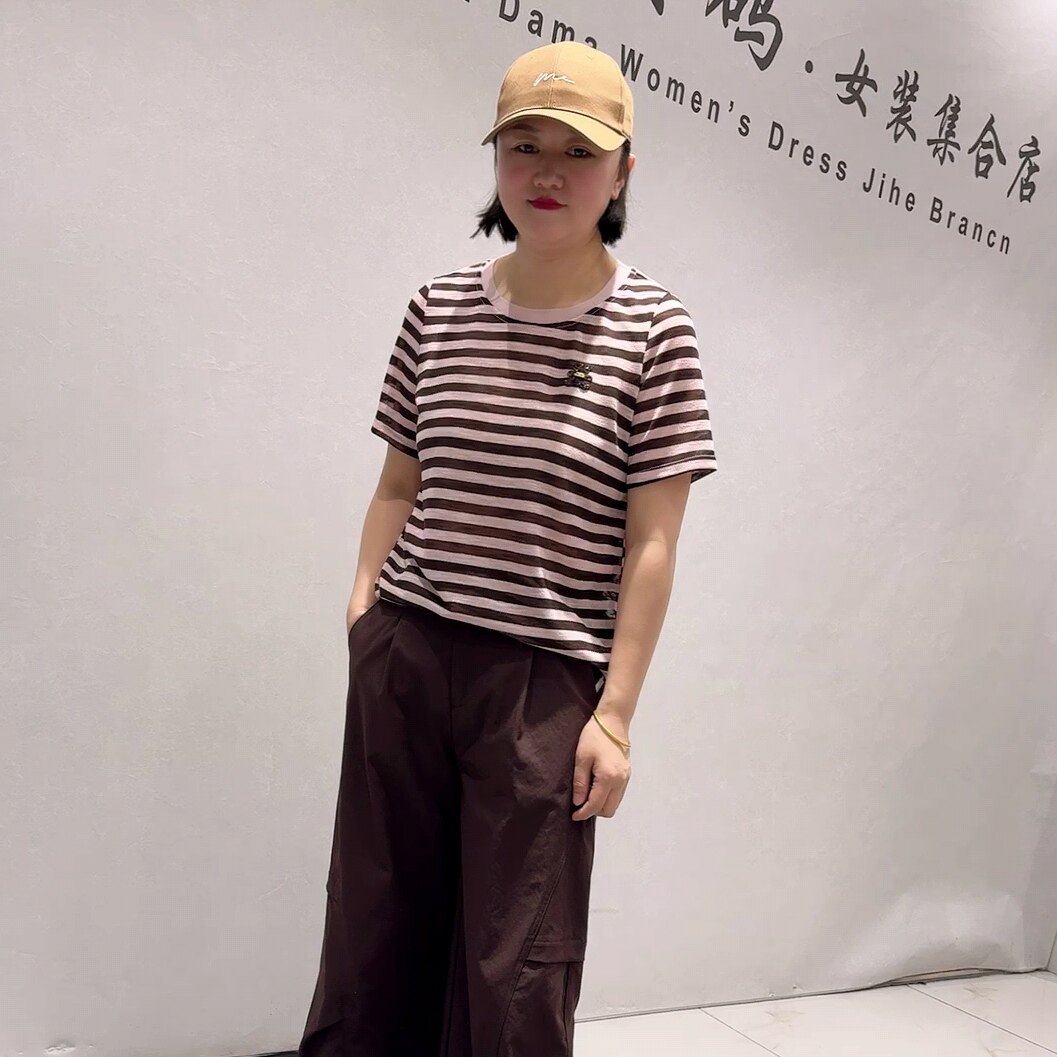3875女权贵族初夏新品重工装饰简约减龄条纹短袖上衣加大码女装