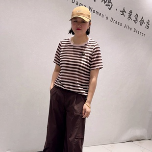 3875女权贵族初夏新品重工装饰简约减龄条纹短袖上衣加大码女装