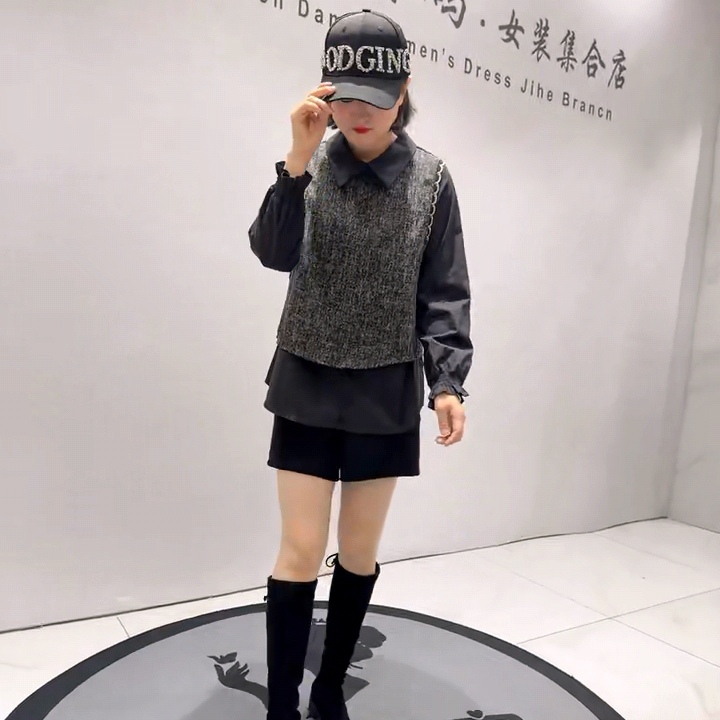 1192女权贵族春款新品假两件小香风拼接衬衫料气质衫加大码女装