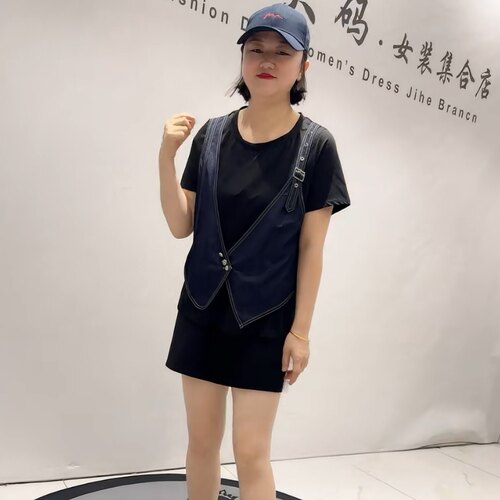 3287女权贵族初夏新品洋气设计感假两件休闲短袖上衣加大码女装