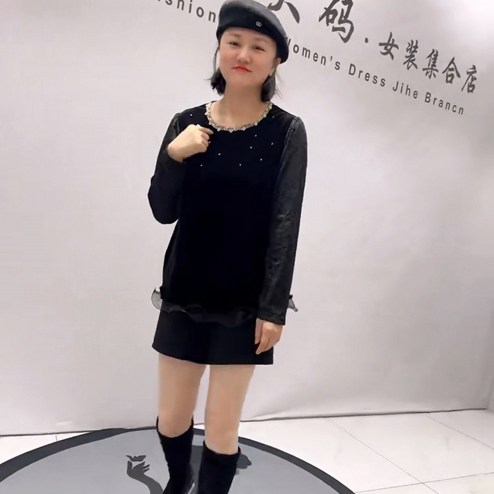 5502芮娜依莲春款新品丝绒拼接蕾丝设计感衣领洋气衫加大码女装