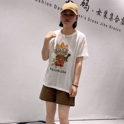 1460针丝缘子汇初夏新品天丝苎麻面料卡通图案减龄衫加大码女装