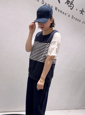 3603女权贵族初夏新品拼接面料喇叭袖假两件短袖上衣加大码女装