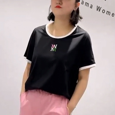 1076芮娜依莲夏季新款简约基础款撞色黑白大码遮肉显瘦环保棉T恤