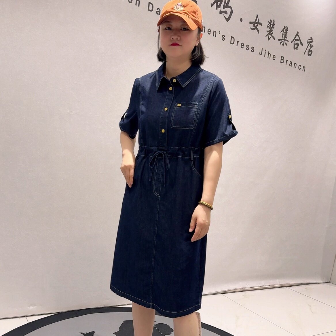 3213女权贵族夏款新品水洗牛仔可抽绳带兜休闲连衣裙加大码女装
