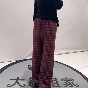 3759芮娜依莲初冬新品松紧腰厚实面料显瘦格子阔腿裤加大码女裤