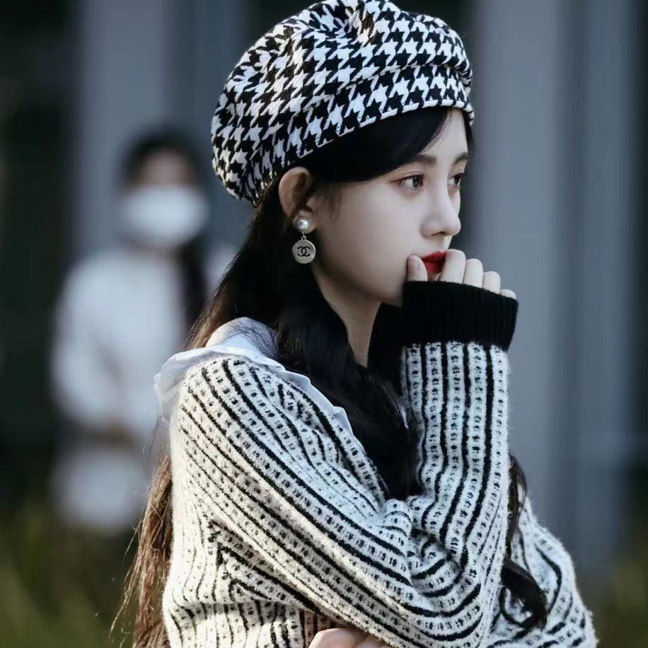 鞠婧祎同款贝雷帽千鸟格帽子女满月之下请相爱秋冬韩版时尚画家帽