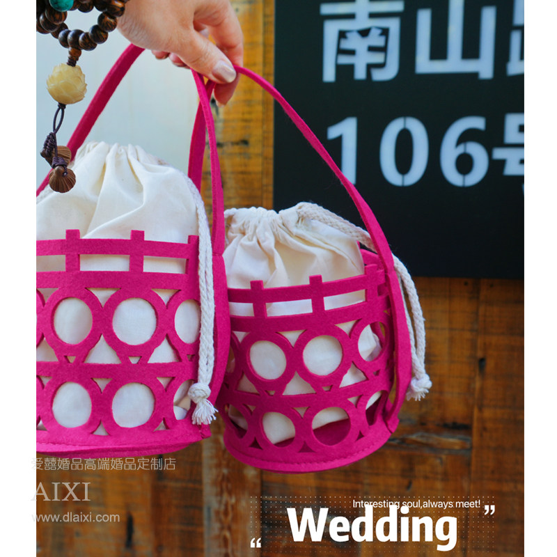 伴手礼毛毡手提糖袋新中式镂空喜字诞生礼伴娘红色粉色玫红色高级